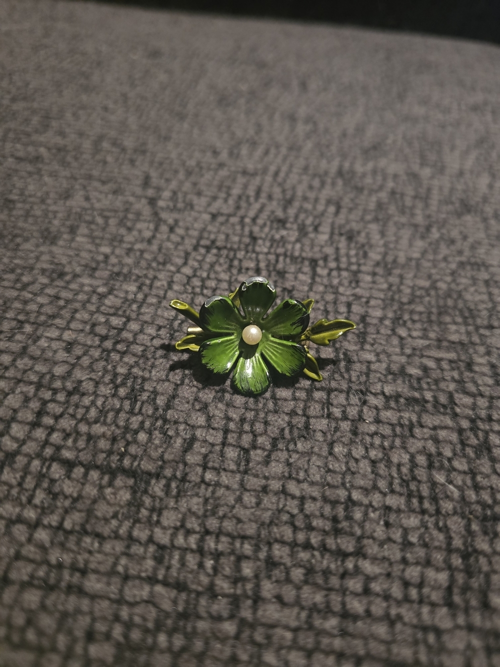 Vintage Green Enameled Floral Brooch with Pearl Center